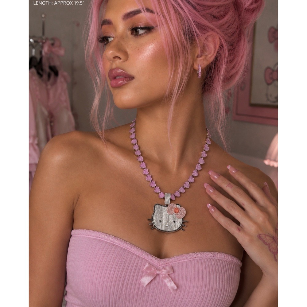 Iced Out Hello Kitty Pink Heart Tennis Necklace W/ Big Kitty Charm Kawaii Style